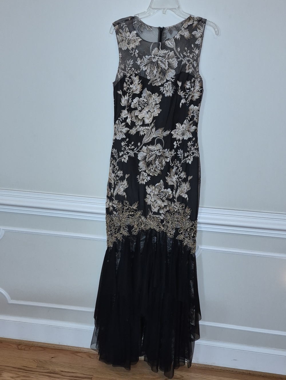 Marchesa Notte Black Evening Gown with Gold Floral Embroidery